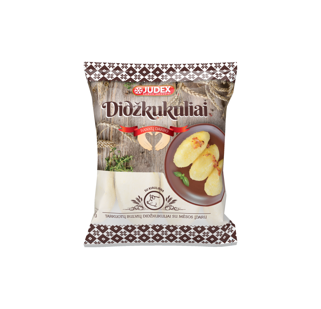 Tarkuotų bulvių didžkukuliai su mėsos įdaru 500 g (20 vnt. / dėžė)